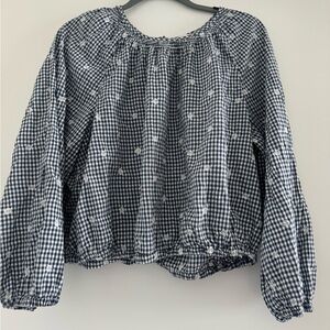 Madewell Navy and White Gingham Embroidered Peasant Blouse